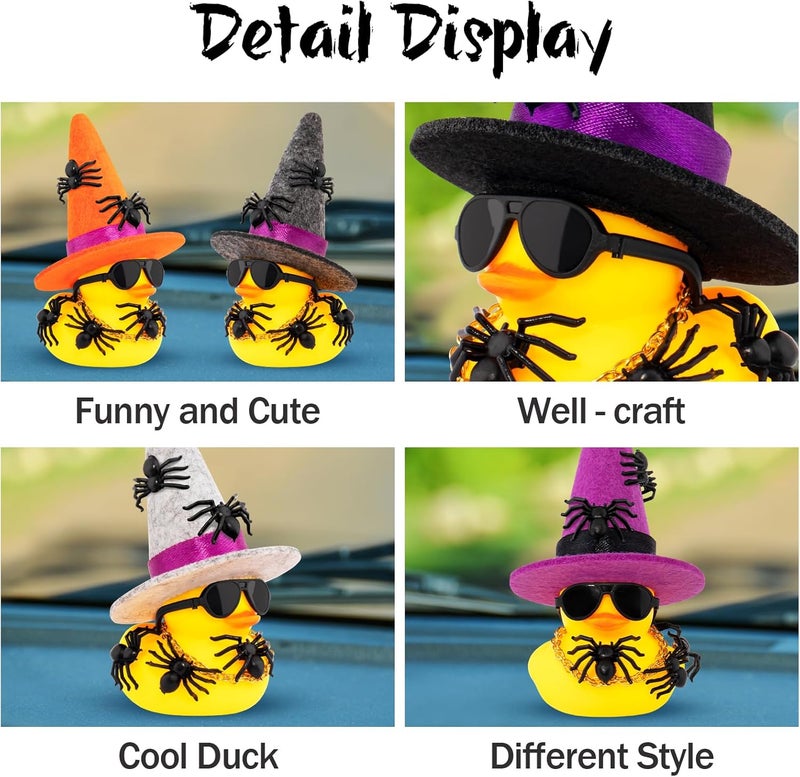 wonuu Spiders Rubber Ducks for Halloween, Car Dashboard Decorations Duck for Office Desk Ornament Accessories with Witch Hat Glasses Chain Spider (Gray) - Image 4